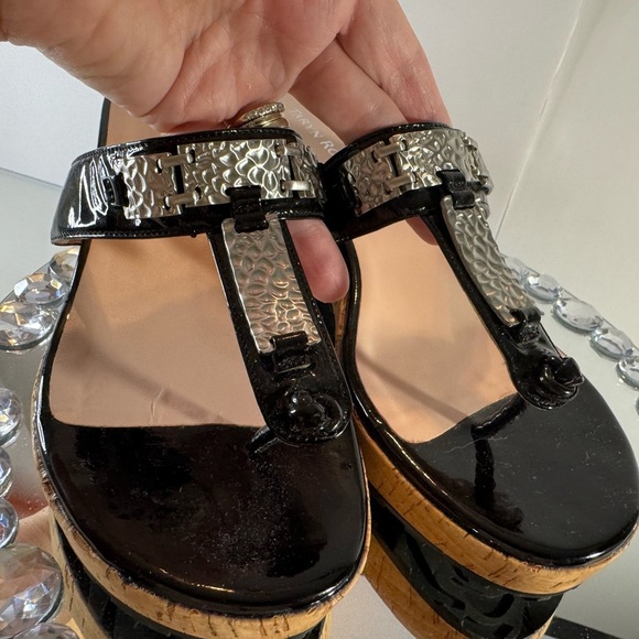TARYN ROSE, 🌹 Elegant Black and Tan Wedge Shoes with Ornate Metal Buckle EUC - Picture 13 of 13